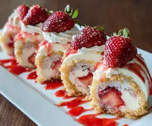 Delicious Strawberry Shortcake Cheesecake Sushi Rolls with fresh strawberries and creamy cheesecake filling.
