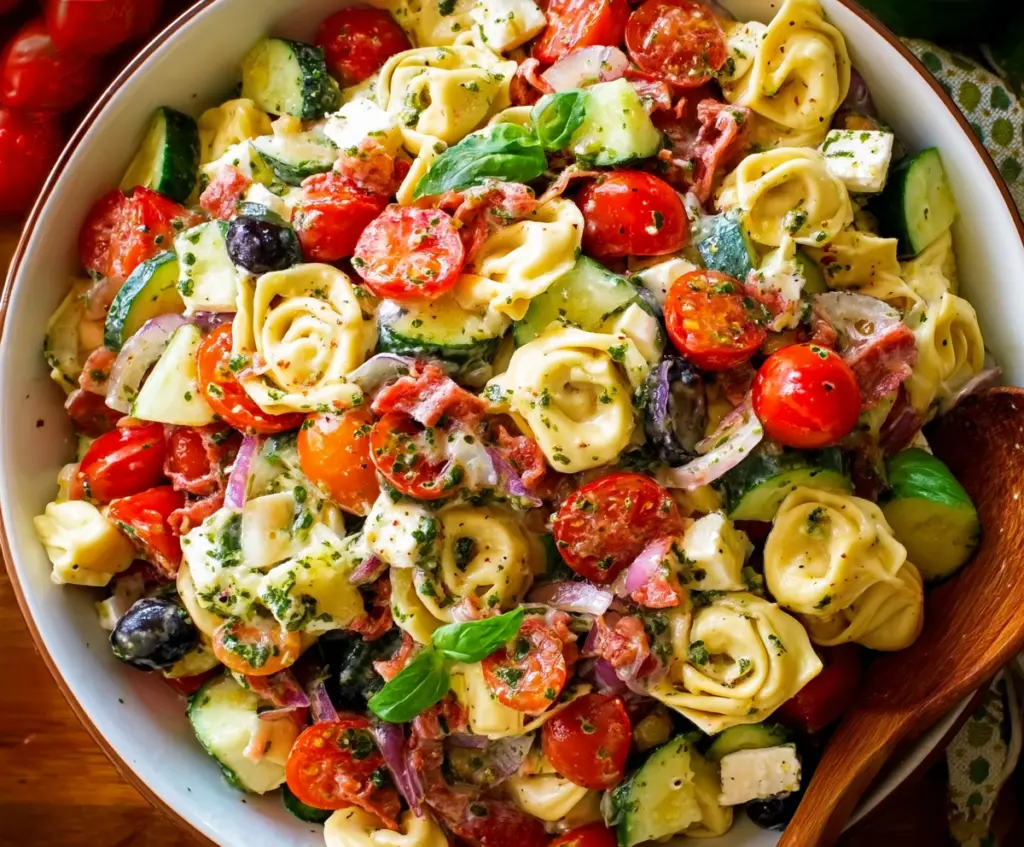 Colorful tortellini pasta salad with fresh vegetables and herbs, perfect for summer recipes.