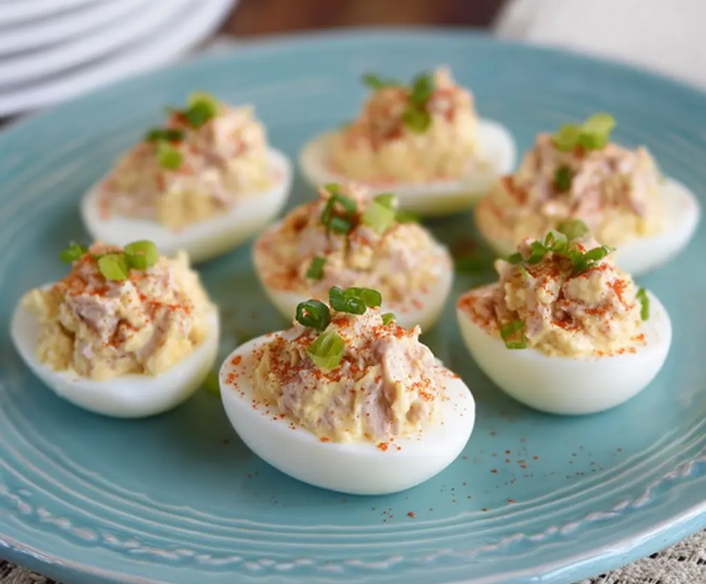 Delicious Tuna Deviled Eggs garnished with herbs on a white plate, perfect for appetizers and parties