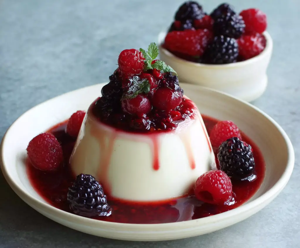 Creamy vanilla bean panna cotta served with a vibrant mixed berry compote