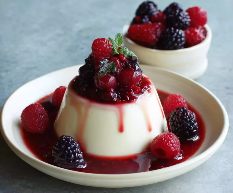 Creamy vanilla bean panna cotta served with a vibrant mixed berry compote