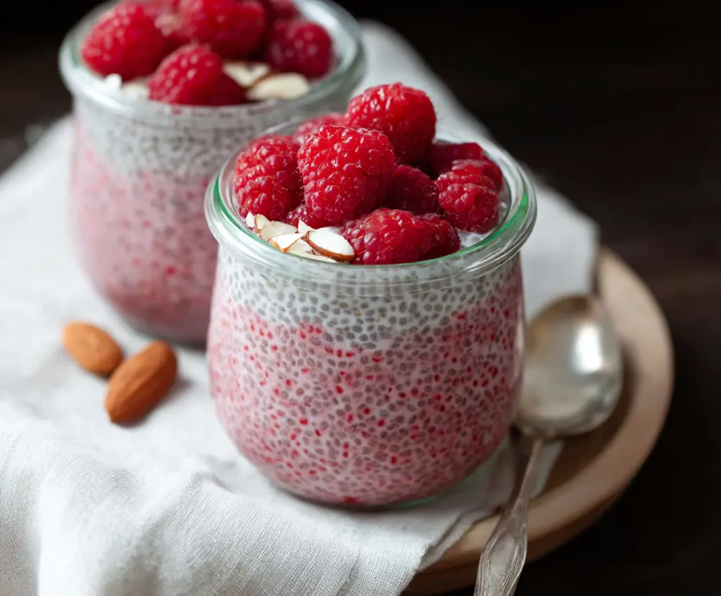 Creamy vegan raspberry chia pudding topped with fresh raspberries in a clear glass bowl.